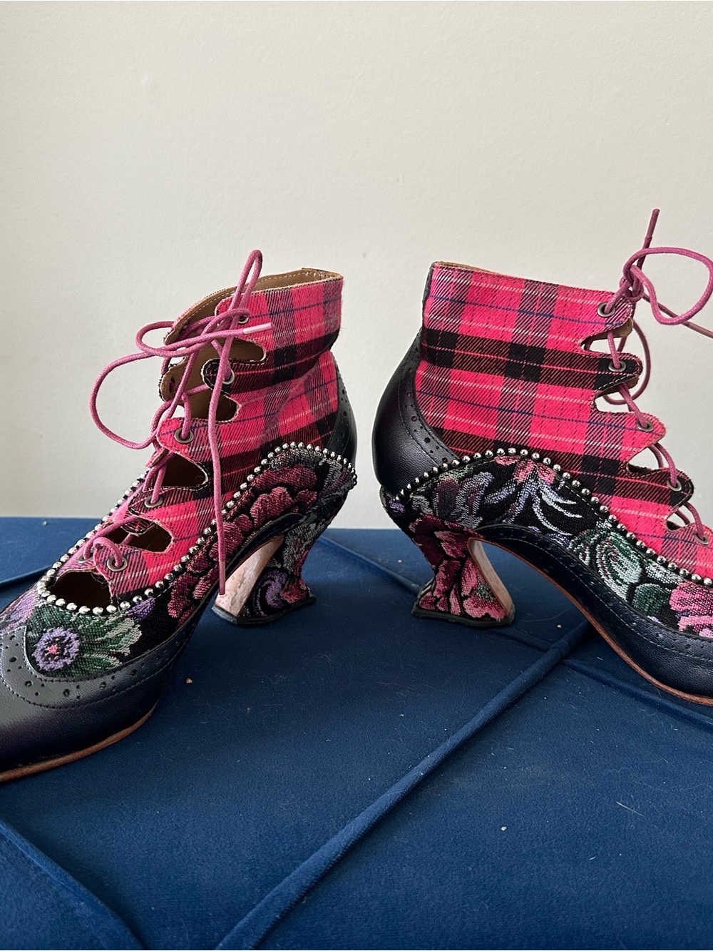 John Fluevog Pink Plaid Floral Embroidered Lace-Up Ankle Booties